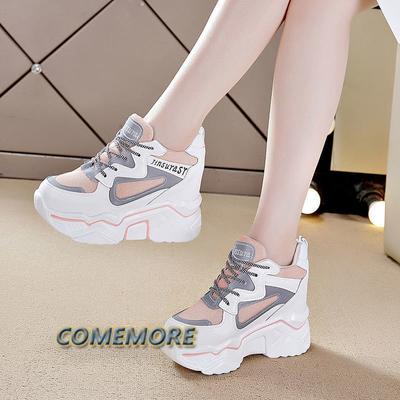 New White High Heels Sneakers Women's Chunky Shoes Wedge Sports Pink Platform Tennis Female Spring Autumn Thick Soled Footwear