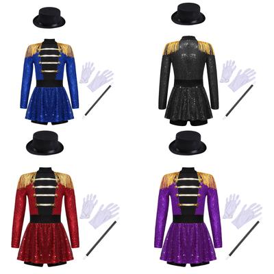 Girls Circus Ringmaster Costume Set Long Sleeve Mock Neck Tassel Shoulder Sequin Bodysuit Back Zipper with Hat Magic Wand Gloves