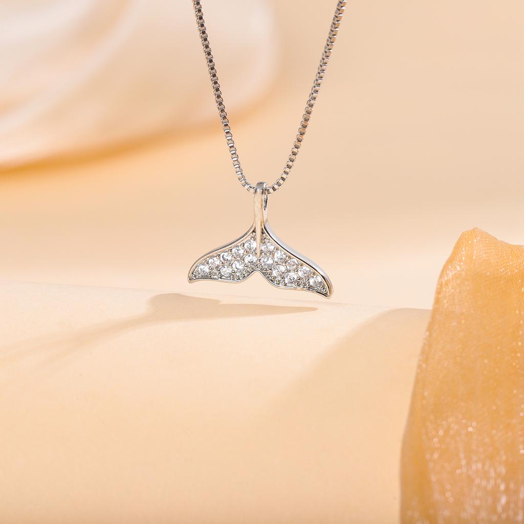 Mermaid Tail Fish White Fishtail Crystal 925 Sterling Silver Clavicle Chain Pendant Necklaces
