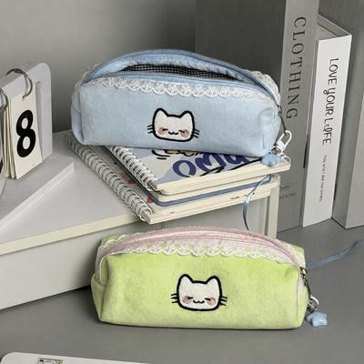 Plush Pencil Case Cat Embroidery Pencil Pouch Kawaii Stationery Pouch  School Supplies
