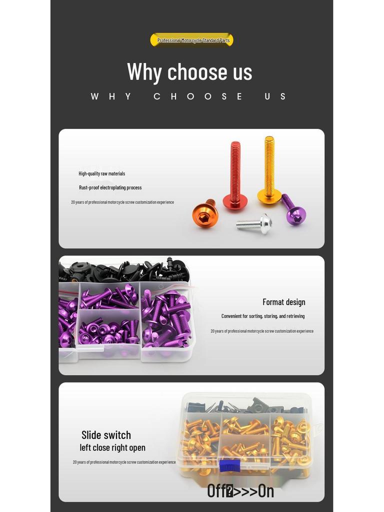 Śruby kolorowe do szyby motocyklowej ze stopu aluminium (177/183/198 szt.)