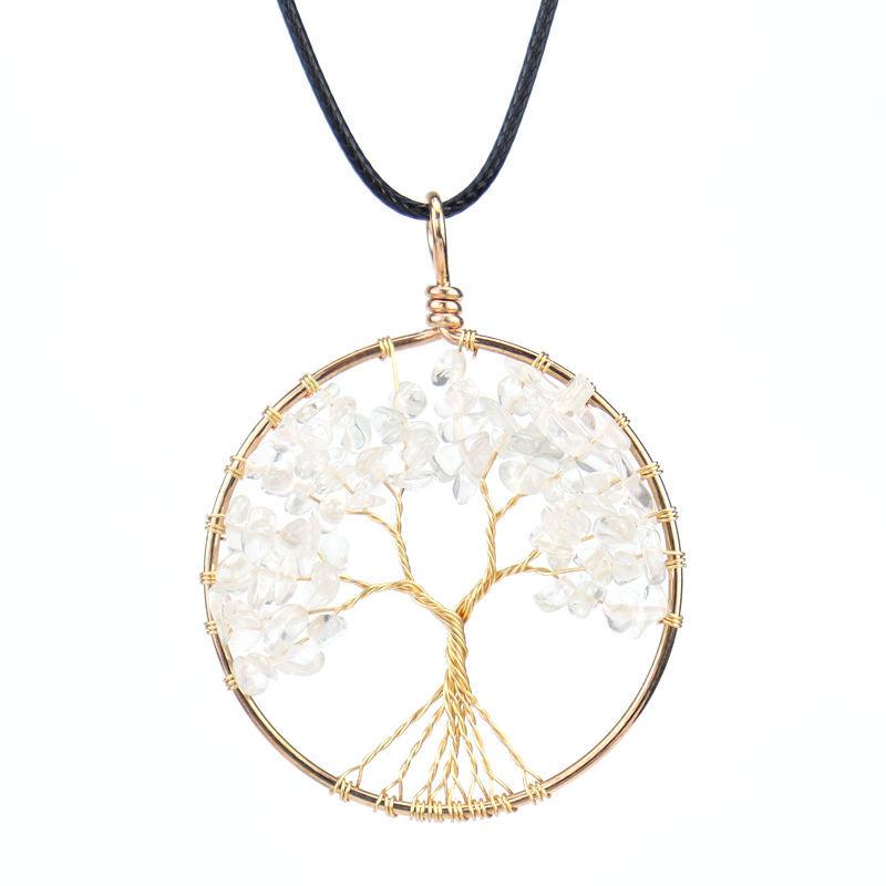 Color-Preserving Gold Hand-Wrapped Natural Crystal Gravel Tree Of Life Necklace Fortune Tree Necklace N47
