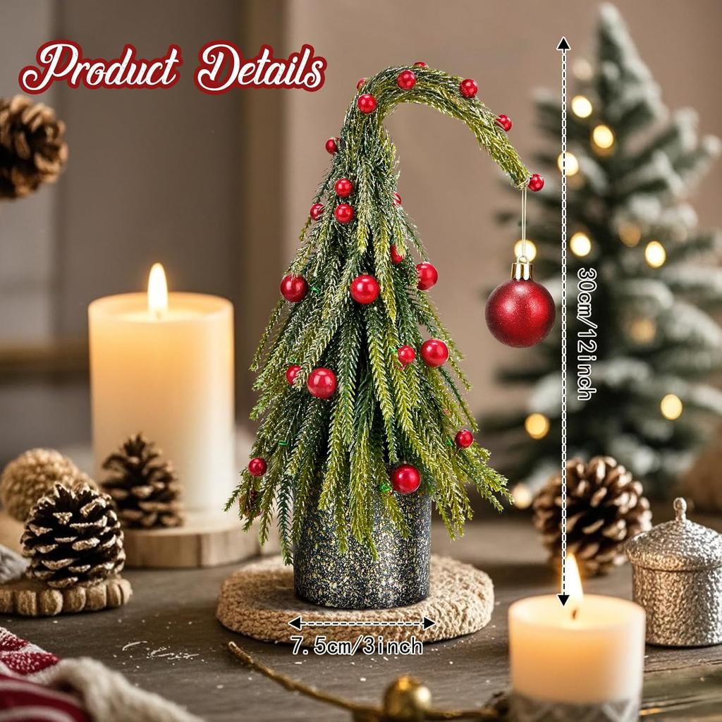12 Inch Curved Christmas Tree with Red Balls, Mini Artificial Xmas Tree for Tabletop Holiday Decor