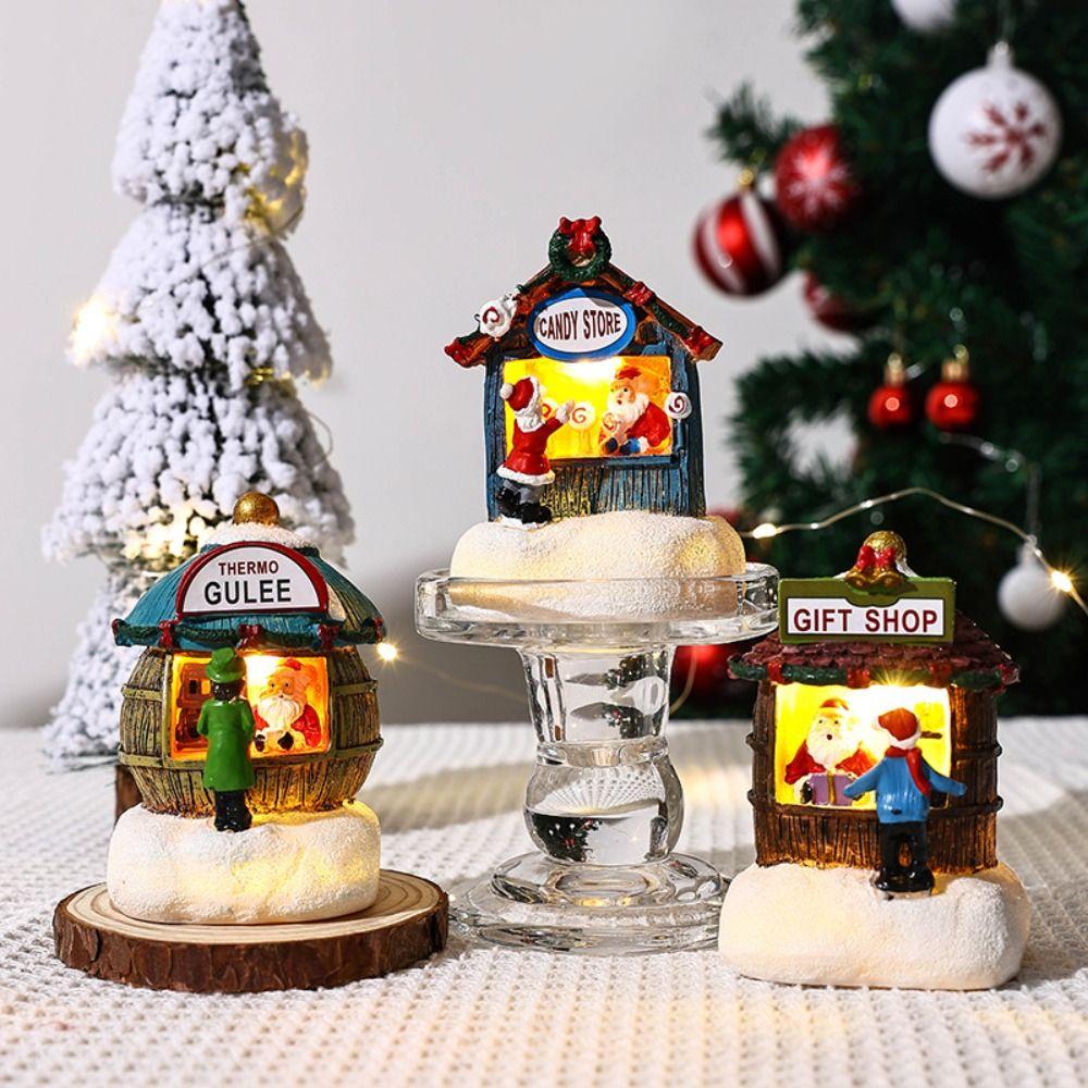 Santa House Miniatures Resin Christmas Microlandscape Ornament Christmas Small House Lamp  Kid Gift