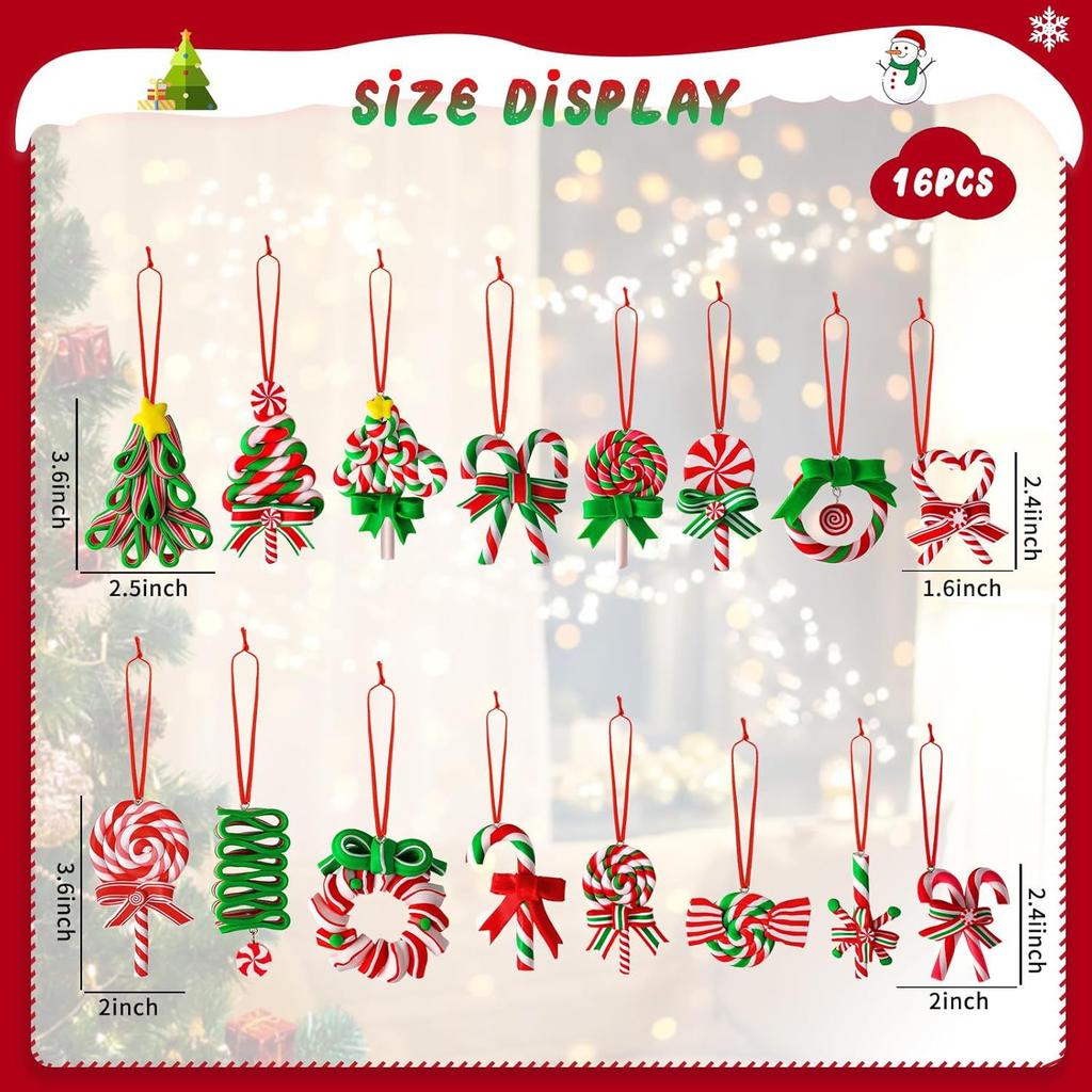 16Pcs Colorful Wooden Candy Christmas Tree Pendants Cane Lollipop Bobboard Candy Christmas Party Home Decoration for Gift