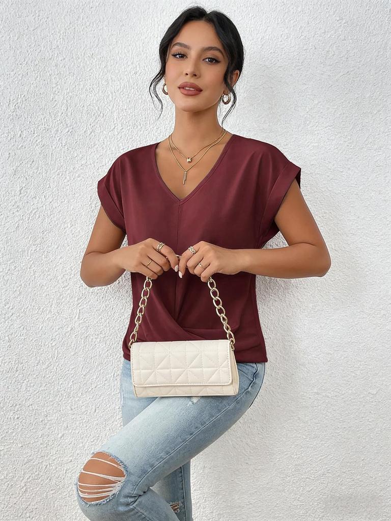 2026 Hot Sale Women's Solid Color V-neck T-shirt, Elegant Short-sleeved Top for Spring/Summer, European American Style