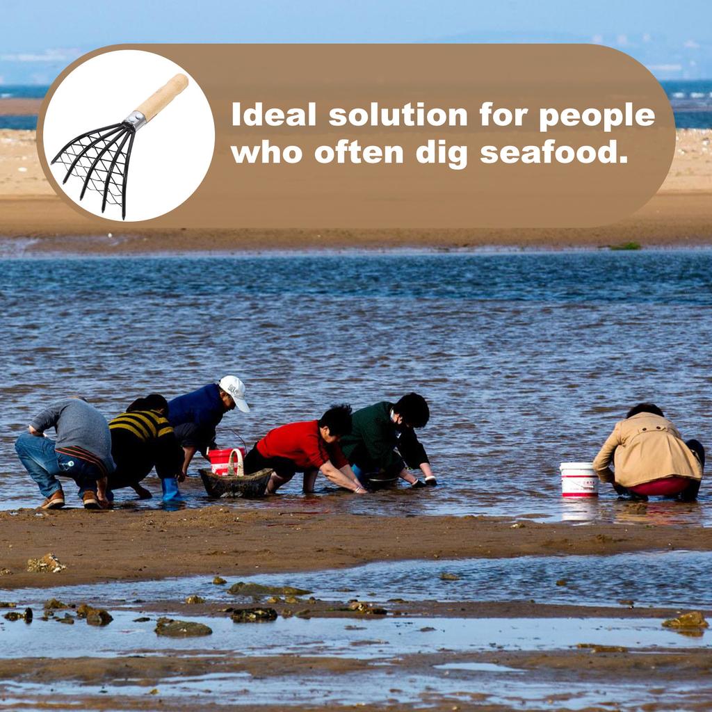 1Pcs Ergonomic Wood Handle Stainless Steel Net Rake Portable Rust Resistant Clam Digger Beach Digging Rake Seafood Harvesting