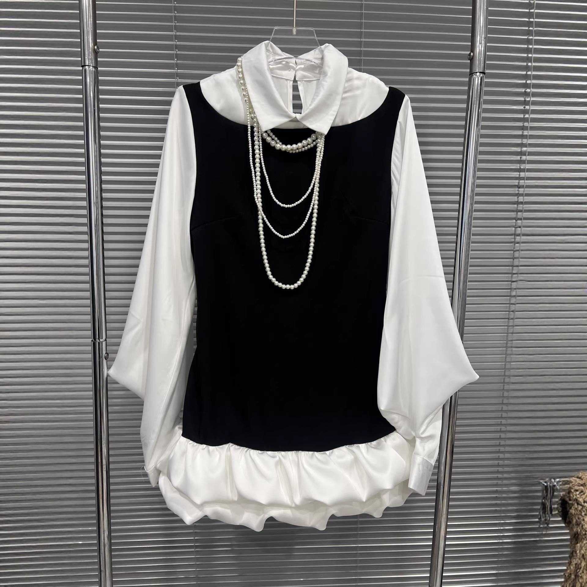 Spring 2026 Elegant Pearl Chain Faux Two-Piece Long Sleeve Dress Small чёрный/белый