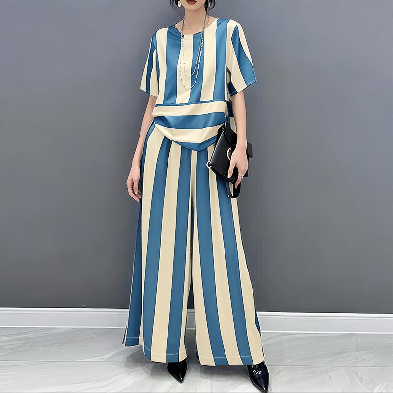 ZANZEA Women Short Sleeve Blouse and Pants Stripe Print Two Piece Suit Sets