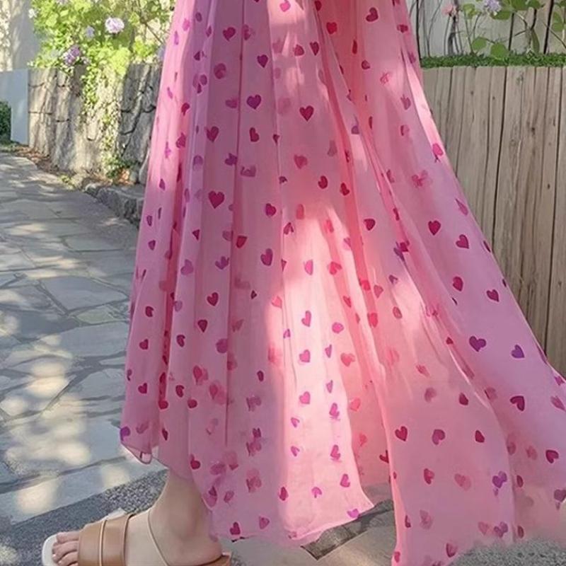 High-Waist Midi Skirt for Women - Summer Floral Heart Print Soft Aesthetic Long Skirt