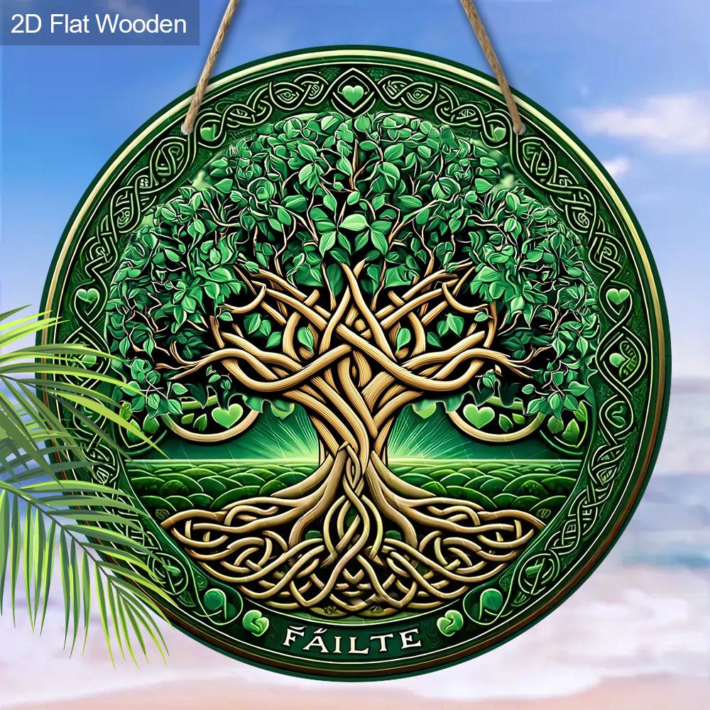 1pc Green Tree of Life Ornament Wooden 2D Flat Hanging, Xmas Decorations, Round-shaped Hanging Wall or Door Decor, Holiday Party Decor, Home Garden