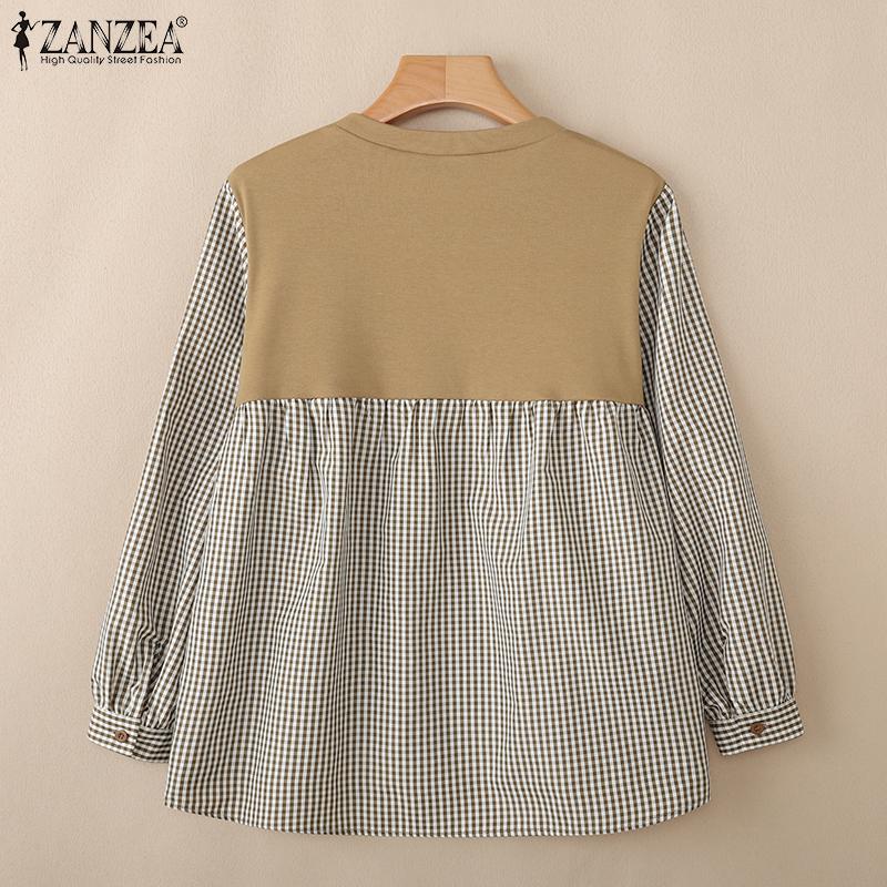 ZANZEA Women Casual Round Neck Plaid Print Long Sleeve Blouse