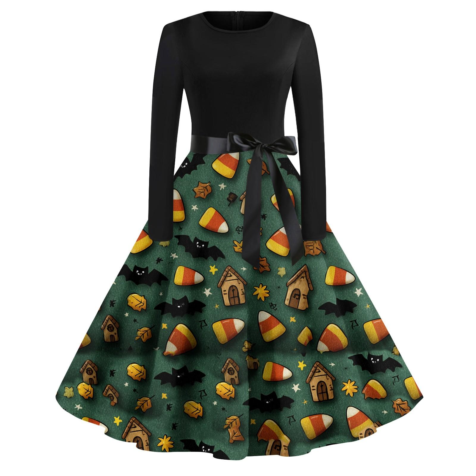 

Women s Fashion Round Neck Casual Slim Halloween Printed Long Sleeve Dresses S зелений
