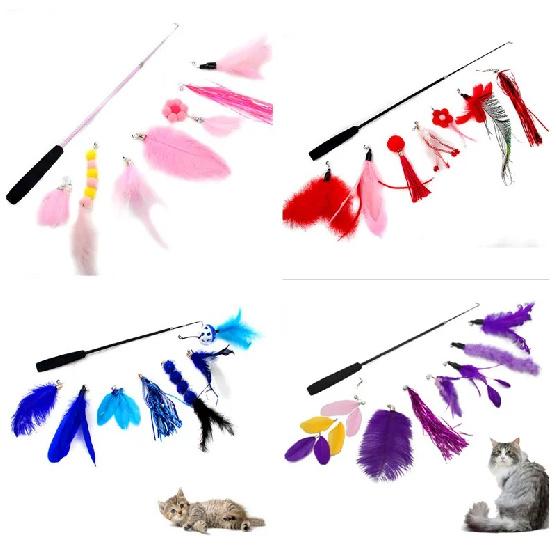 Cat Feather Toy 8PC Replacement Cat Stick With Bell Cat Feather Teaser Wand Pet Kitten Interactive Toy Retractable Fishing Road