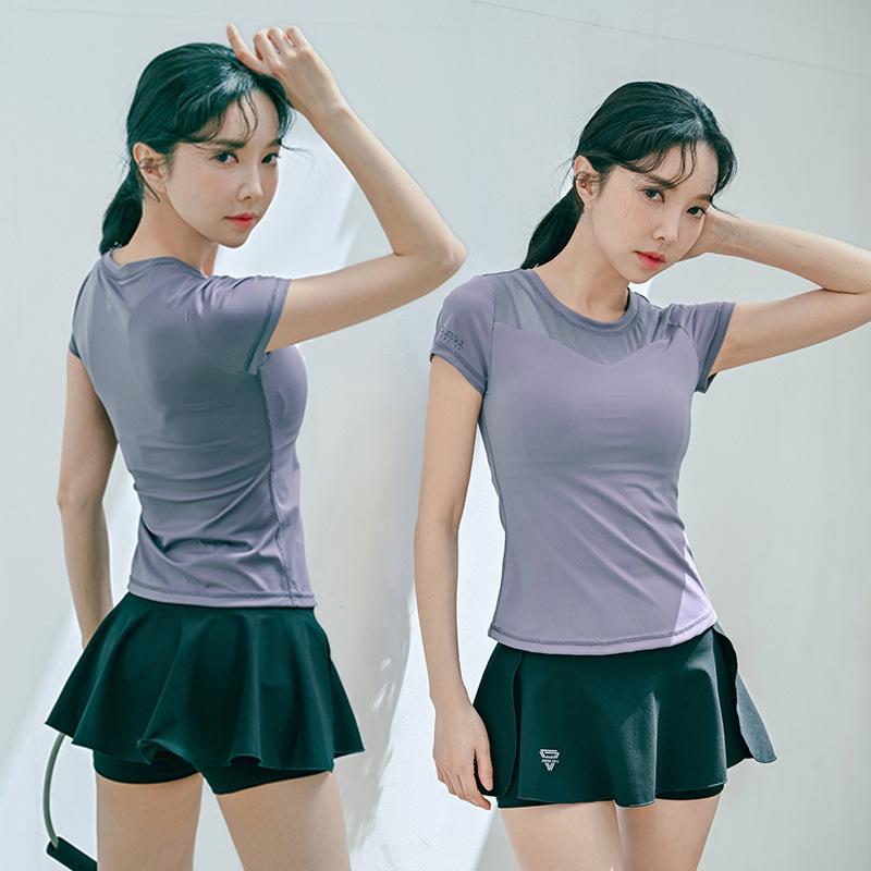 Women's Quick-Dry High-Waisted Faux Two-Piece Yoga Set with Chest Pads - Summer Short-Sleeved Top and Shorts