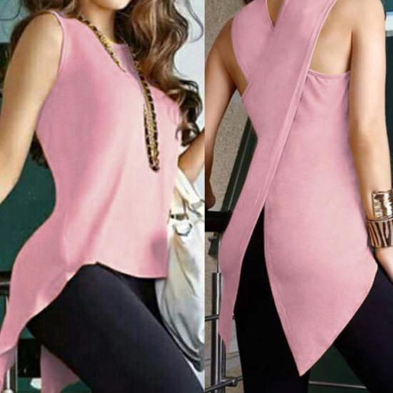 Sexy Lady Solid Color Sleeveless Round Neck Back Slit Irregular Hem Vest Tank Top