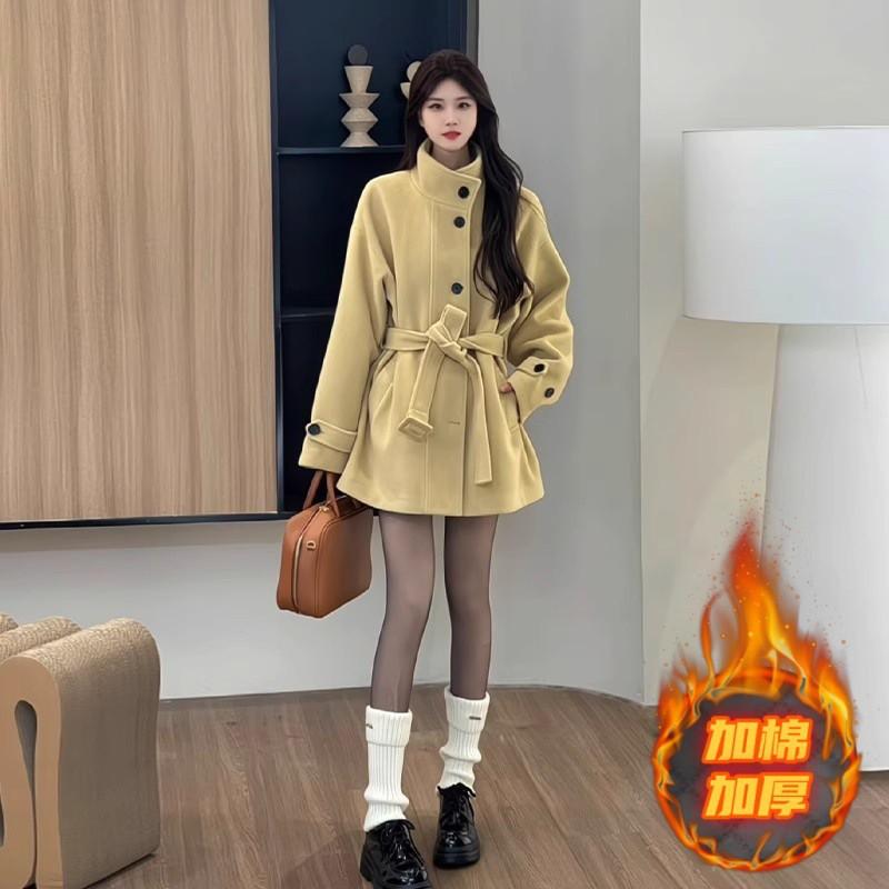 Womens Black Wool Blend Coat Winter Thick Oversized Korean Style Elegant Long Sleeve Trench