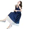 Blue plaid sleeveless dress French literary style Mori retro small fresh holiday suspender vest long dress
