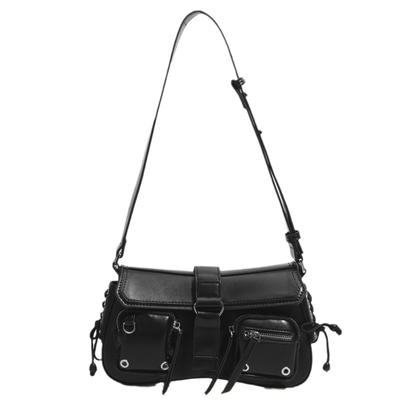 Harujio Side Lace Hobo Bag, Shoulder Bag, Horizontal, Women's Handbag, Y2K Style, Horizontal Bag, Round Bag, Crescent Moon, Black, Small Shoulder