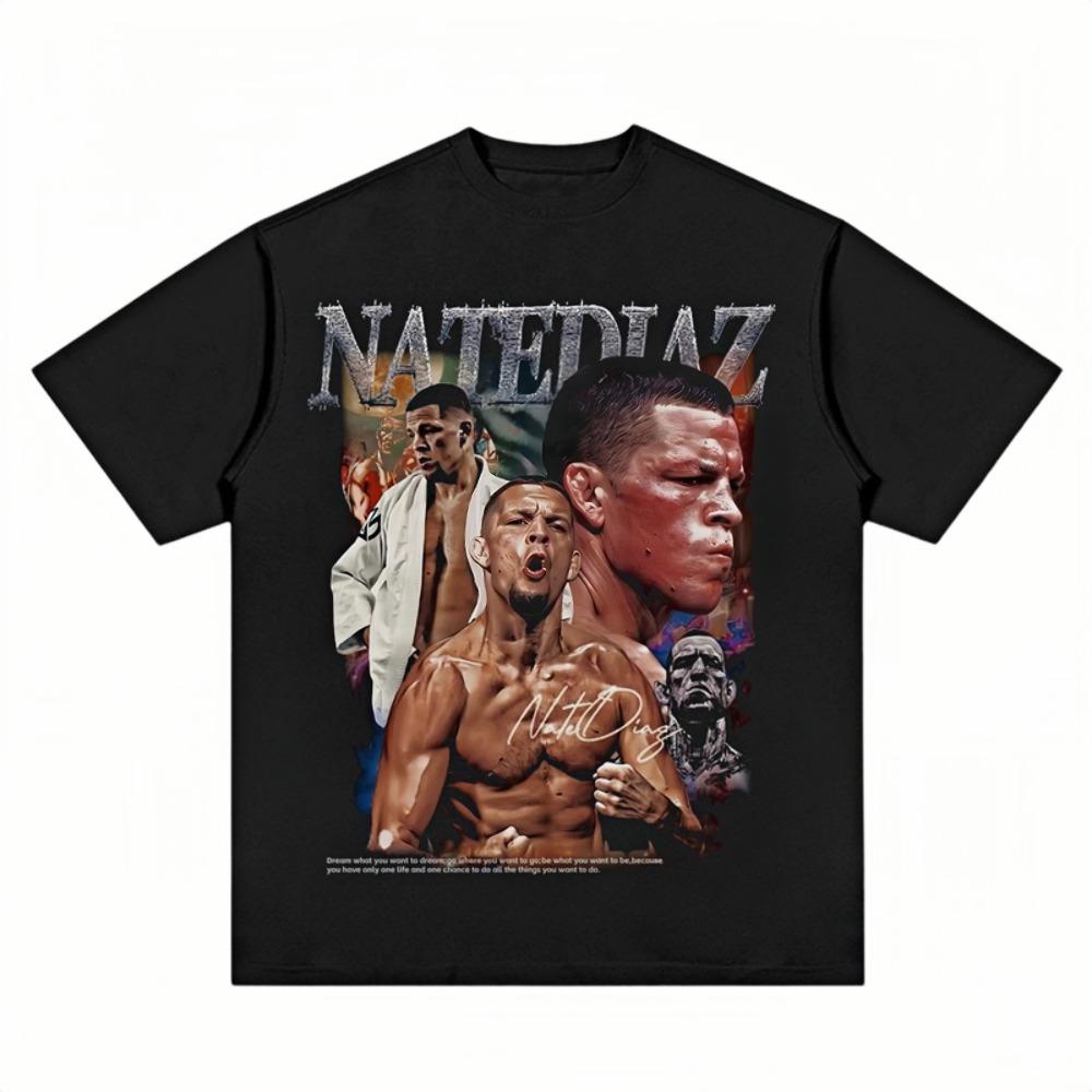 2026 Nate Diaz Print T-Shirt Für Unisex Oversize Baumwolle Streetwear Raw Fit Edgy Vibe Retro Rundhals Täglich Lässig Sport T-Shirt