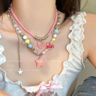 Color Candy Beaded Necklace Girl Sweet Girl Pink Star Love Pendant Collarbone Chain New