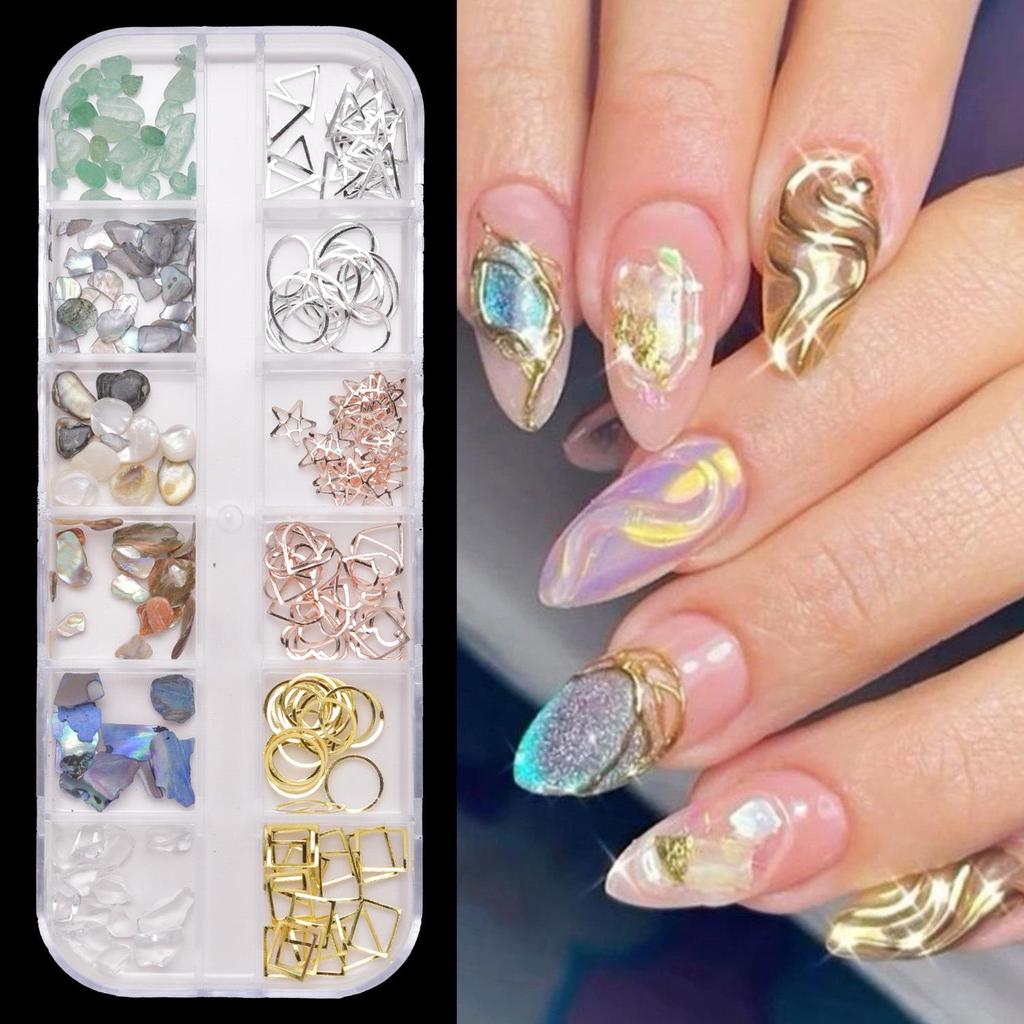 Ultra-Thin Abalone Nail Art Kit: 12-Grid Mixed Ornaments with Shells, Rivets, Pearls, and Rhinestones.