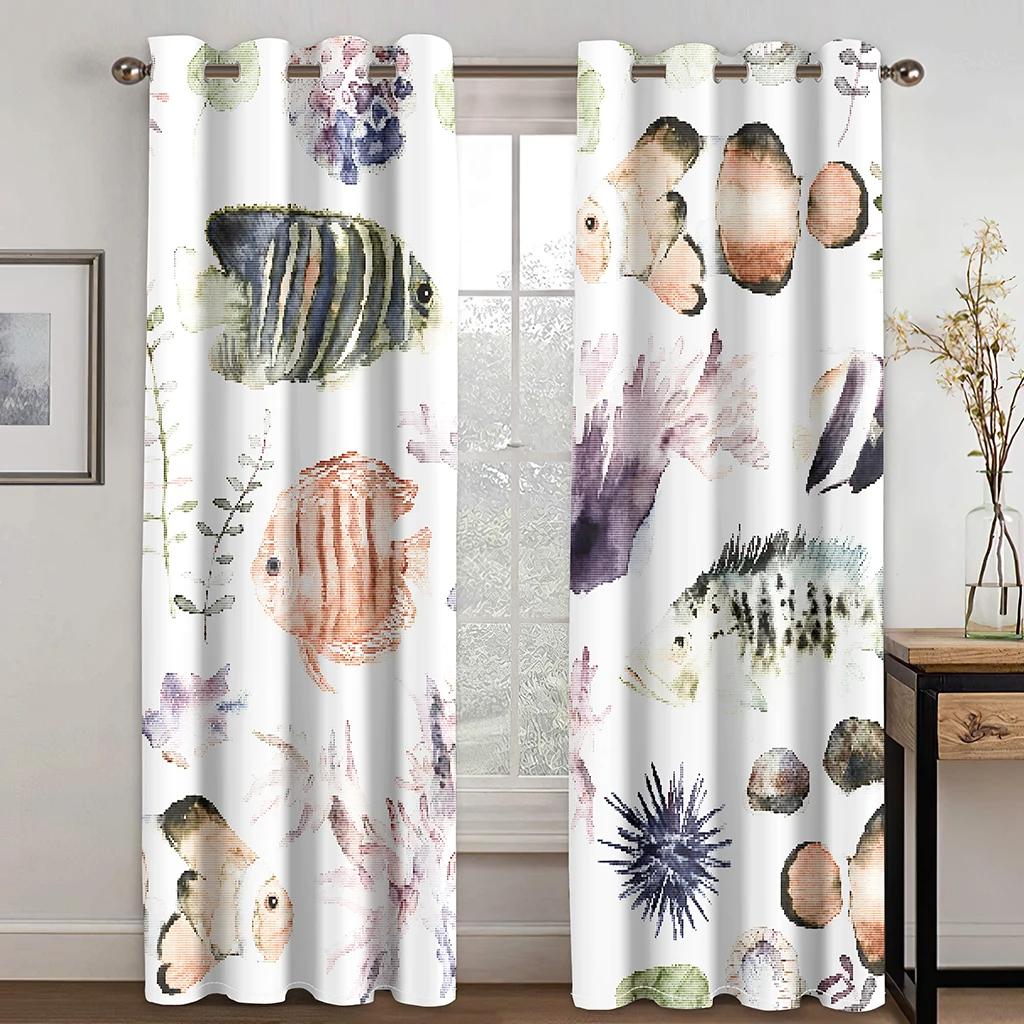 Marine Animal and Plant Theme High Blackout Curtains Shell Pattern Thick Clackout Drape Various Styles Bedroom Home Curtain Hot