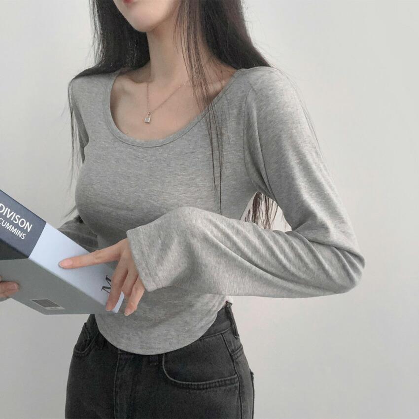 tops Women's Korean Fashion Tops Cut and Sew Long Sleeve Cropped Short Length Slim Stretch Plain Solid Color Affordable Simple Feminine Casual Autumn