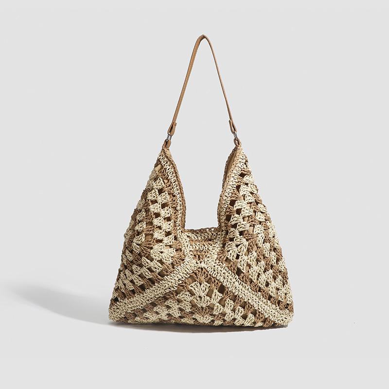 

Large Woven Straw Beach Tote for Women - 2025 Handmade Color Block Design, Single Shoulder or Underarm Carry хакі
