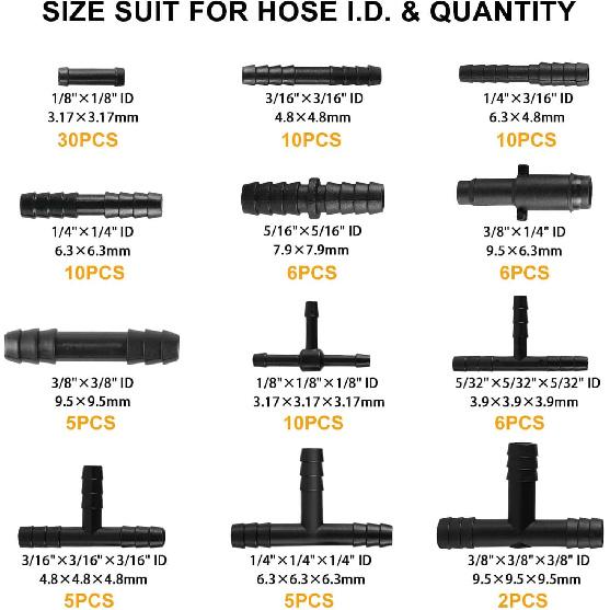105PCS Automotive Vacuum Connector Assortment, 1/8" 3/16" 1/4" 5/16" 3/8" Vacuum Connector, Automotive Vacuum Tubing Connector, Vacuum Tee Connector,
