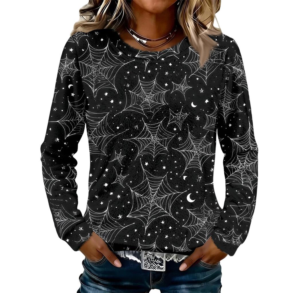 Women's Flannel Long Sleeve Top with Halloween Print Neck Pullover Shirt