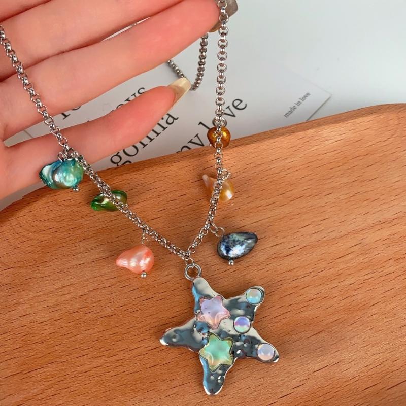Elegant 5-Point Star Necklace Retro Sea Charm Design Neckchain Alloy Chain Neck Jewelry Daily Wear Accessory