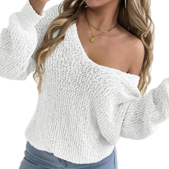 Damtoppar V-ringning Långärmad Enfärgade Stickade Toppar Mjuka Stretchiga Löstsittande Tröja Vår Höst Casual Toppar