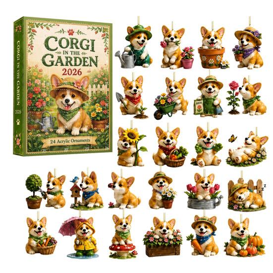 Puppy Ornament Blind Box Cute Puppies Advent Calendar, 24 Days Christmas Countdown Calendar with 2D Corgi Gardening Flat Acrylic Dog Pendants for