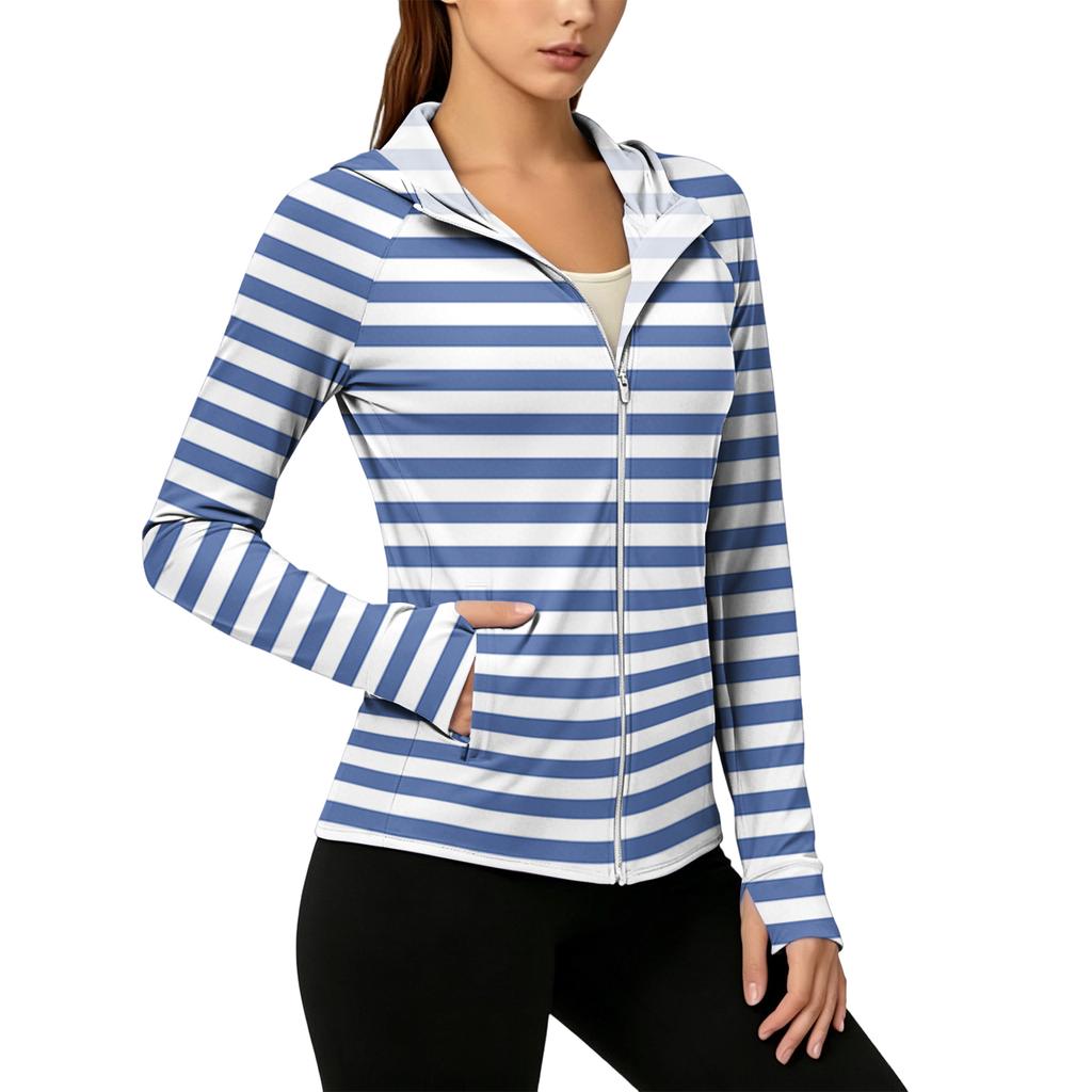 Women Zip Up Hoodie with Pockets Long Sleeve Lightweight Striped Sun Jacket Casual Hooded Top