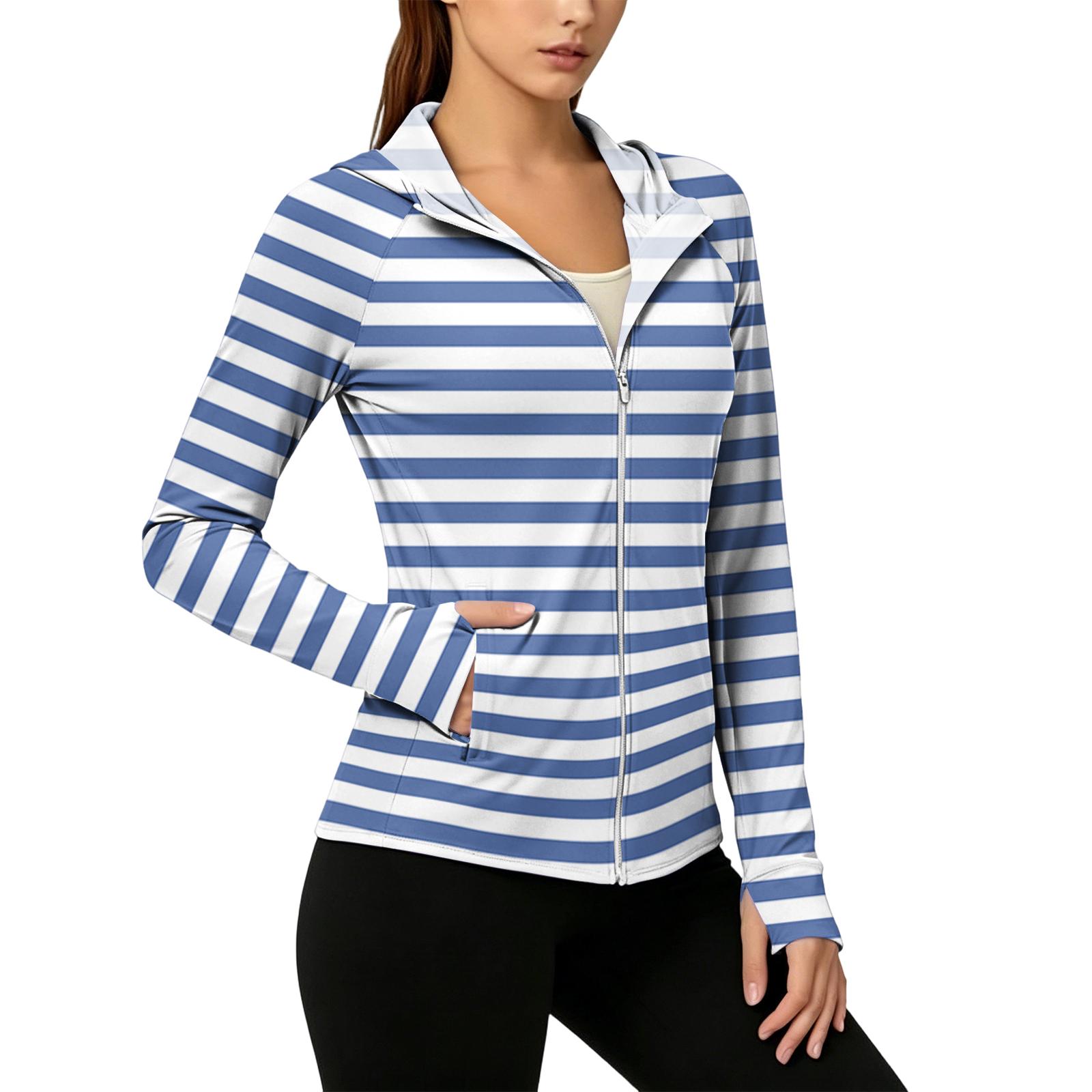 

Women Zip Up Hoodie with Pockets Long Sleeve Lightweight Striped Sun Jacket Casual Hooded Top XL синий