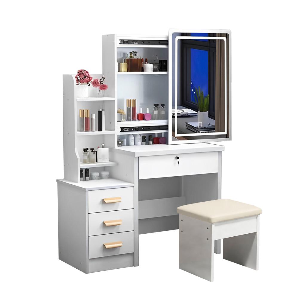 Stylish dressing table with mirror and lighting, including soft stool, 3-color adjustable lighting, 4 drawers, white, W85/H130/D36cm.