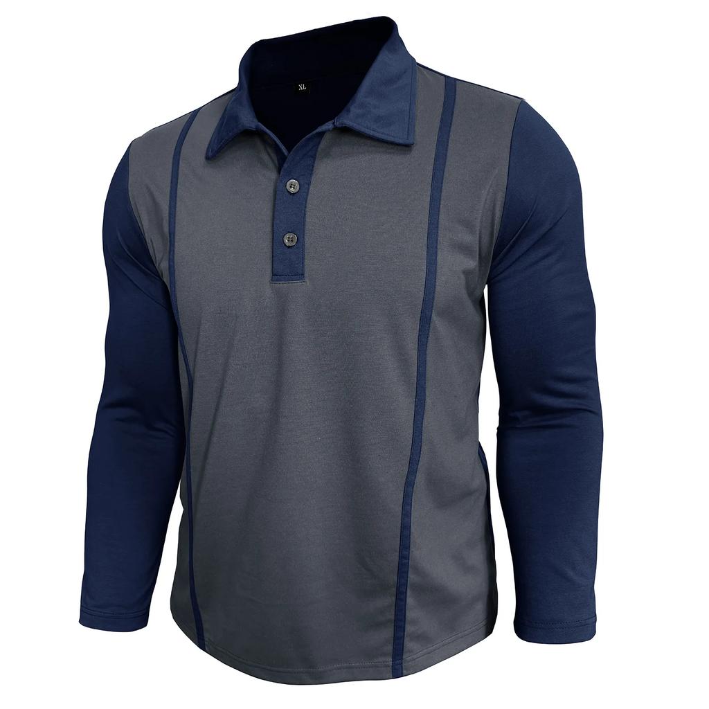 Spring Autumn Men's Contrasting Color Lapel Long Sleeve Button Polo Shirts Mens Casual Polos Tops