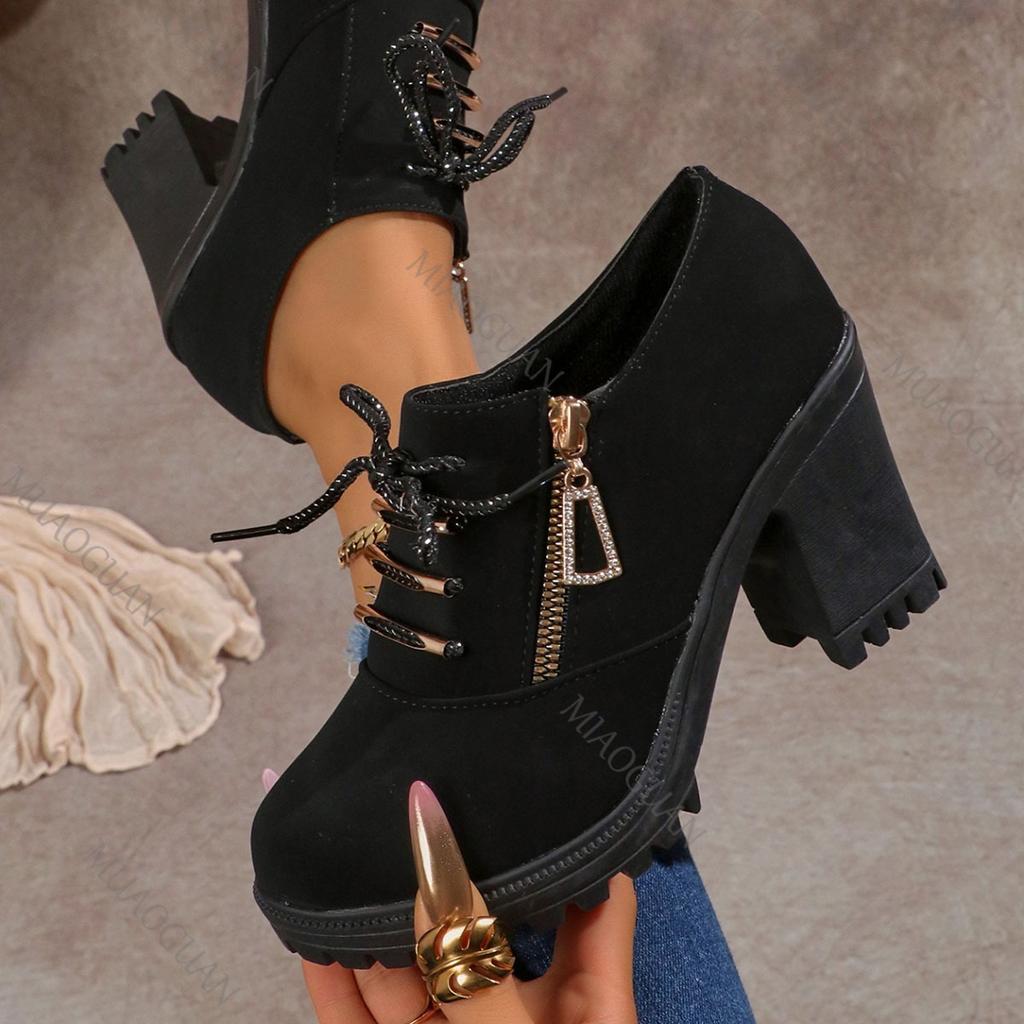 Móda Jaro Podzim Nové Kulatá špička Silný Vysoký podpatek Šněrovací Dámské Kotníkové boty Ležérní Černý Semiš Silná Podrážka Boční zip Krátké Botines