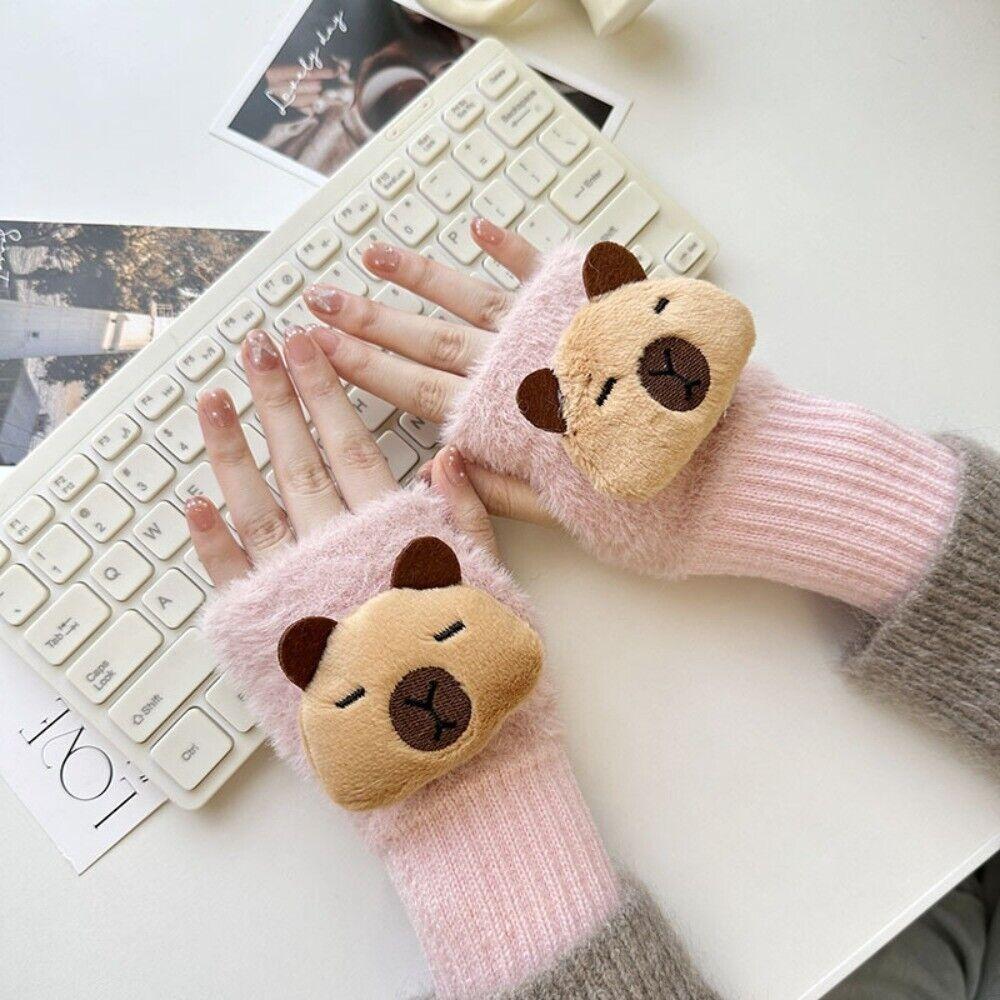 NEW Half Finger Capybara Knitted Gloves Solid Color Thickened Warm Gloves Women Mittens Ladies Plush Half Finger Gloves