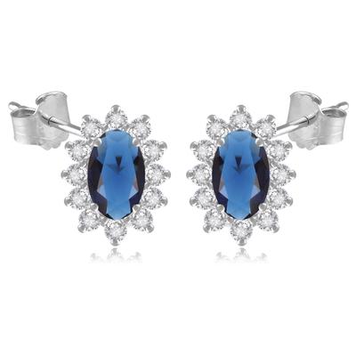 [Q8854] - Silver Earrings 'Victorina' Blue Sapphire White Silver (rhodium Plated) - 10x8 Mm