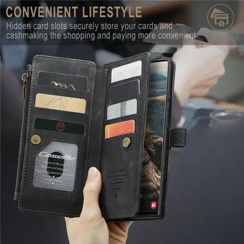 Leather Wallet Card Phone Case For Samsung Galaxy S25 Edge S24 FE S23 Ultra S22 Plus S21 S20 Note20 A56 A54 Zip Flip Stand Cover