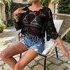 Top de ganchillo boho Cubre tops Ajuste holgado Cuello redondo Manga de tres cuartos Relajado Camisa de verano Tejido calado Playa Bohemio Dobladillo con borlas Ligero