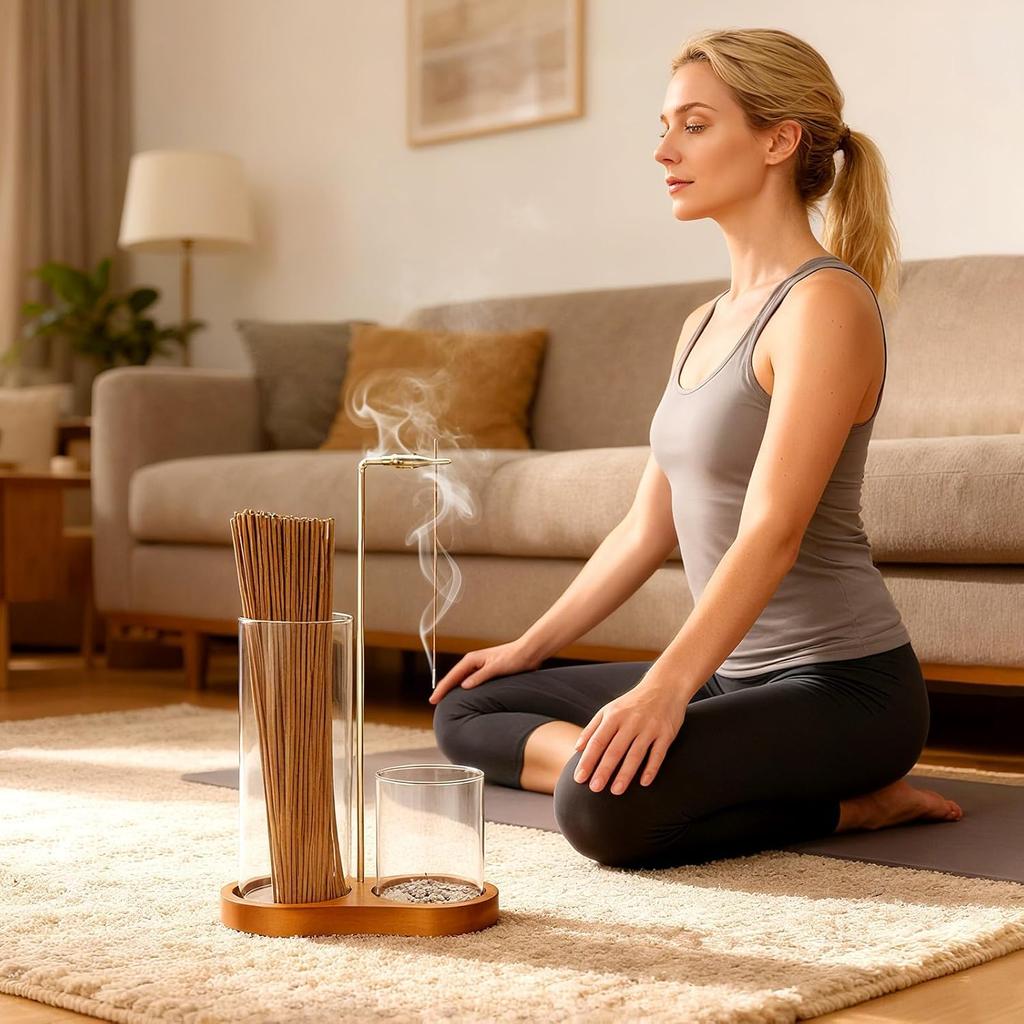 Incense holder, incense burner, 3-in-1, spill-proof, stylish, cute, hanging, brass, glass, simple, for Buddhist altar, study, meditation, entryway (in