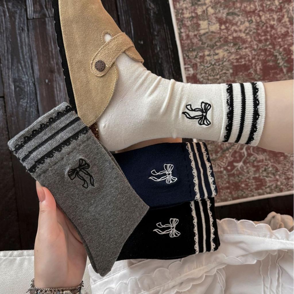Bow Embroidered Socks Women'S Striped Lace Sweet Tube Socks Outer Lace Stacking Socks