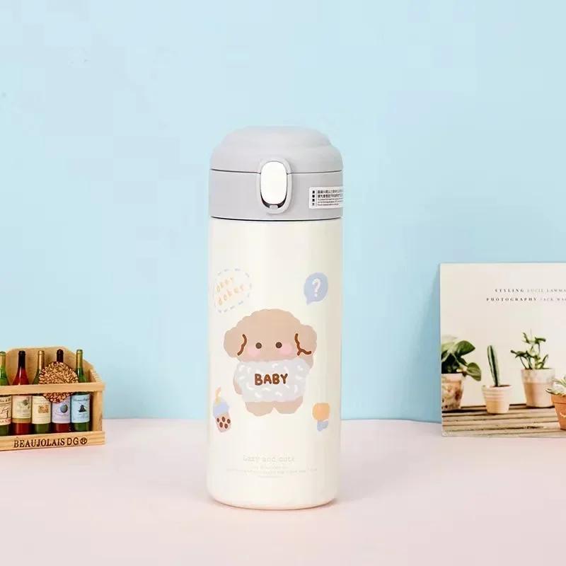 JUSTINLAU Bear Cups 380ml Cartoon Thermos for Girl Cute Little Student Portable Straw Water Bottle Thermos Vacuum Flask Drinking