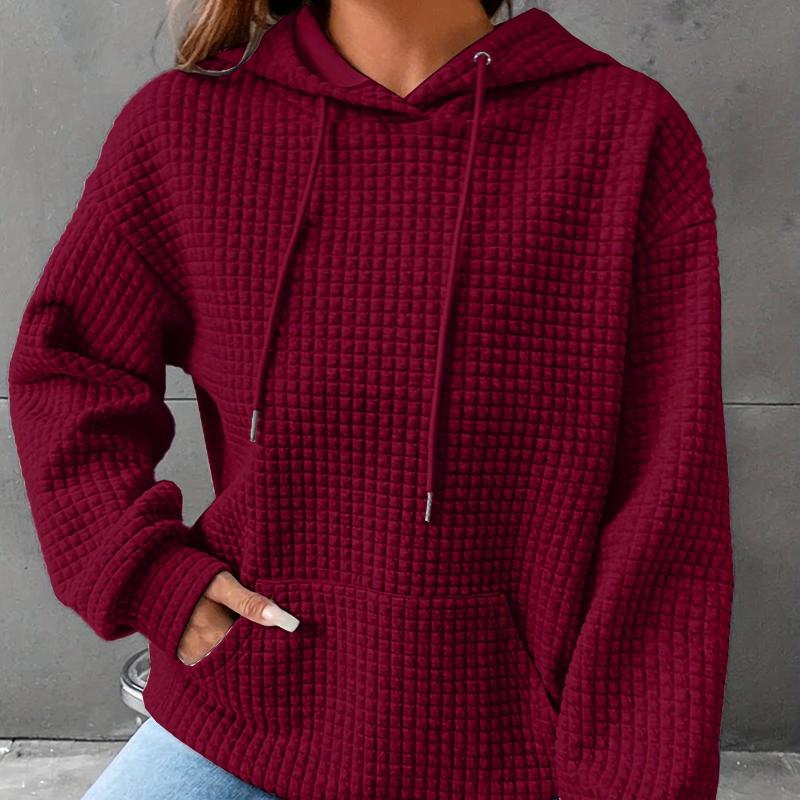 Büyük Beden Günlük Sweatshirt, Kadın Büyük Beden Düz Waffle Desen Uzun Kollu Cepli Bağcıklı Kapüşonlu Sweatshirt