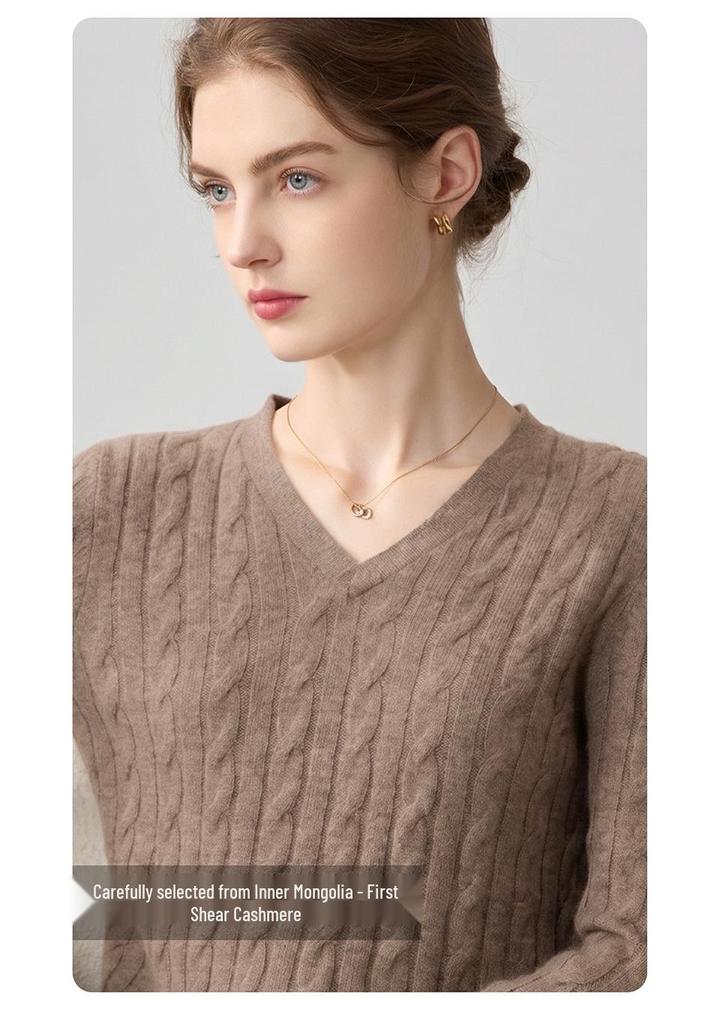 Lekasha Women's Cashmere V-Neck Cable Knit Sweater - Korean Style, Autumn/Winter, Solid Color Pullover