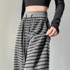 Women's Black & Gray Striped Wide-Leg Pants: 2025 Spring High-Waisted, Elastic Drawstring, Draped Casual Floor-Length Style