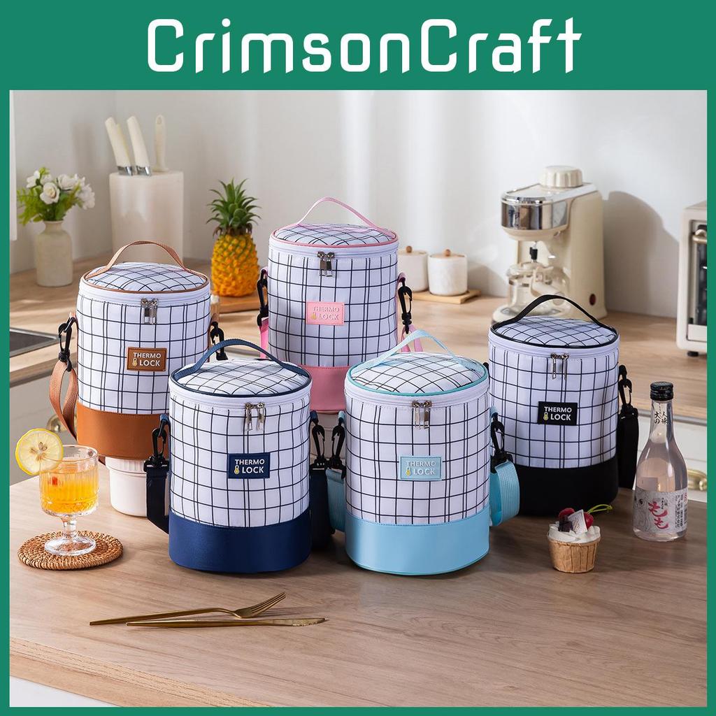 Cylindrical Heat Simple Preservation Bento Bag With Grid Design And Print Letter